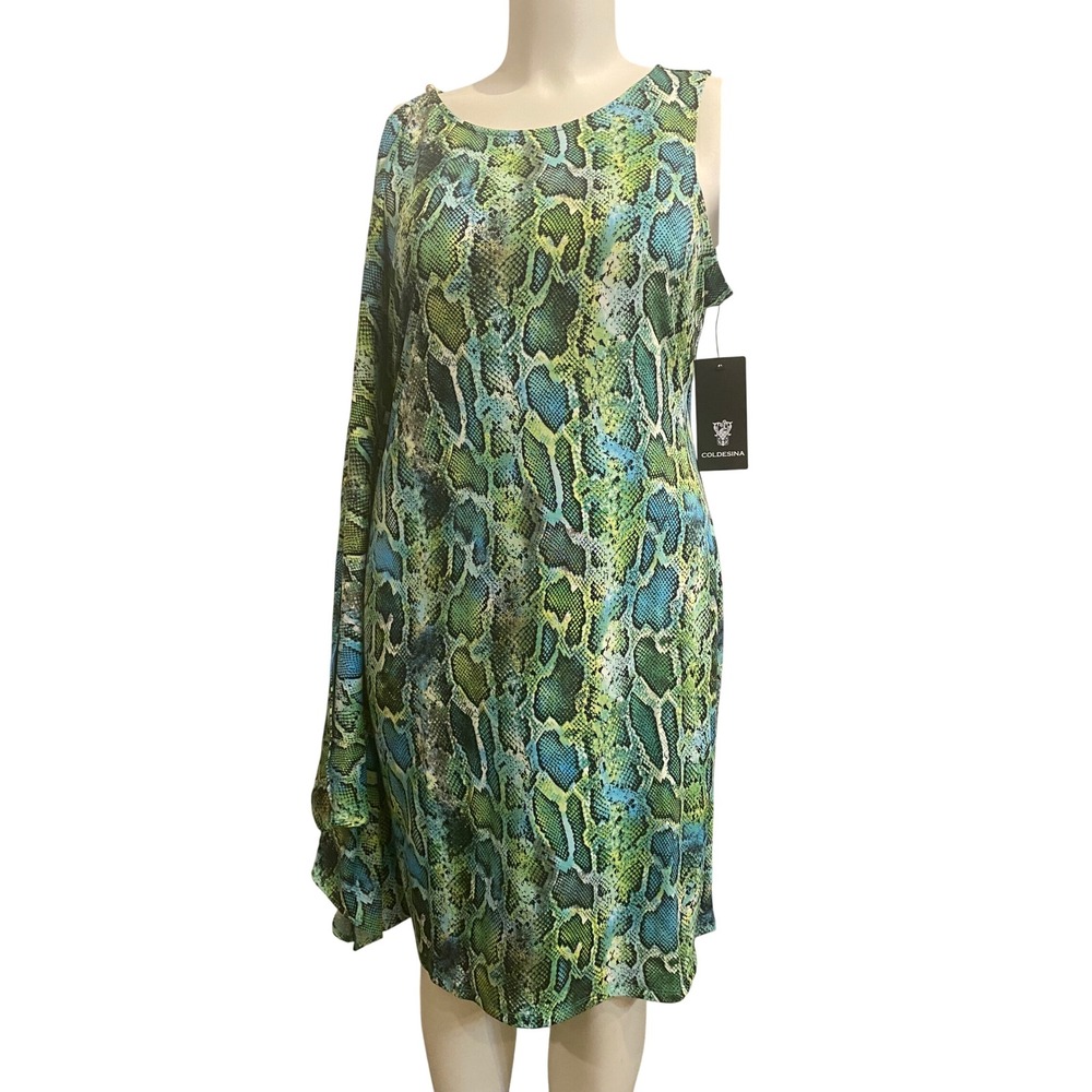 Coldesina Green Snake Print Asymmetrical Cape Sleeve Mini Dress Size L NEW - Picture 2 of 10